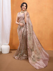 Pink & Green Floral Print Tissue Saree – Printed Border