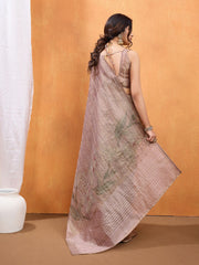 Pink & Green Floral Print Tissue Saree – Printed Border