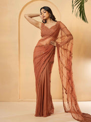 Pink Pre-Draped Pure Georgette Saree – Embroidered Border – Embellished