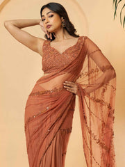 Pink Pre-Draped Pure Georgette Saree – Embroidered Border – Embellished