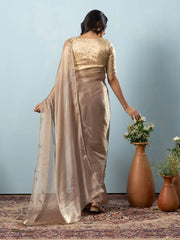 Brown Solid Lame Saree – Embellished Border – Unstitched Tissue Blouse