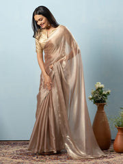 Brown Solid Lame Saree – Embellished Border – Unstitched Tissue Blouse