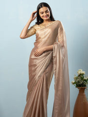 Brown Solid Lame Saree – Embellished Border – Unstitched Tissue Blouse