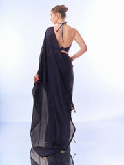 Navy Blue Solid Chiffon Saree – Ready to Wear – Solid Border