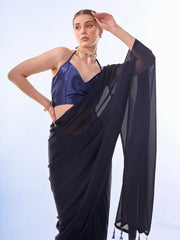 Navy Blue Solid Chiffon Saree – Ready to Wear – Solid Border