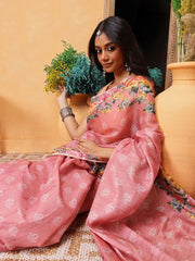 Pink & Green Floral Printed Silk Cotton Saree – Printed Border – Ready to Wear