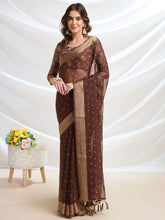 Coffee Brown & Gold Floral Printed Poly Chiffon Saree – Woven Border