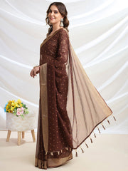 Coffee Brown & Gold Floral Printed Poly Chiffon Saree – Woven Border