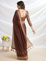 Coffee Brown & Gold Floral Printed Poly Chiffon Saree – Woven Border