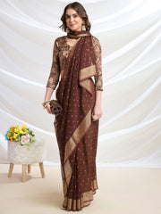 Coffee Brown & Gold Floral Printed Poly Chiffon Saree – Woven Border