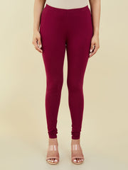 Maroon Solid Cotton Blend Churidar – Mid-Rise – Slip-On