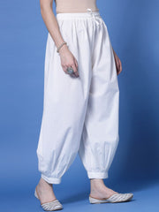 White Loose Fit Pure Cotton Afghani Salwar – Mid-Rise – Drawstring Closure