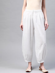 White Solid Pure Cotton Cropped Afghan Salwar – Drawstring Closure