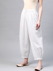 White Solid Pure Cotton Cropped Afghan Salwar – Drawstring Closure