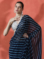 Blue Striped Printed Poly Georgette Saree – Unstitched Blouse Piece