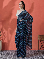 Blue Striped Printed Poly Georgette Saree – Unstitched Blouse Piece