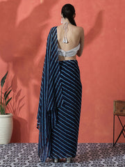 Blue Striped Printed Poly Georgette Saree – Unstitched Blouse Piece