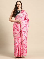 Pink Abstract Print Cotton Blend Saree – Zari Border