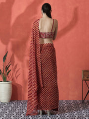 Maroon & Orange Leheriya Poly Georgette Saree – Unstitched Blouse Piece – Printed