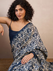 Off White & Blue Dabu Art Silk Saree – Ready to Wear – Ethnic Motif Print