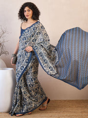 Off White & Blue Dabu Art Silk Saree – Ready to Wear – Ethnic Motif Print