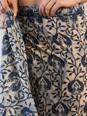 Off White & Blue Dabu Art Silk Saree – Ready to Wear – Ethnic Motif Print