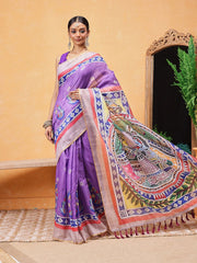 Purple & Green Chanderi Cotton Blend Saree – Printed Border – Kalamkari Print