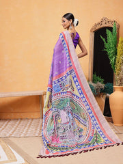 Purple & Green Chanderi Cotton Blend Saree – Printed Border – Kalamkari Print