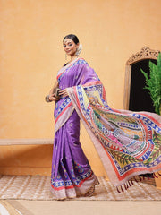 Purple & Green Chanderi Cotton Blend Saree – Printed Border – Kalamkari Print