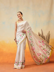 Off White & Pink Kasavu Art Silk Saree – Woven Border – Zari