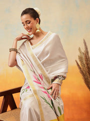 Off White & Pink Kasavu Art Silk Saree – Woven Border – Zari