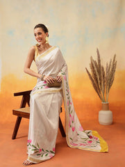 Off White & Pink Kasavu Art Silk Saree – Woven Border – Zari