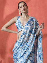 Blue & White Floral Satin Saree – Embellished Detail – Digital Print