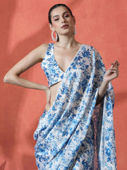 Blue & White Floral Satin Saree – Embellished Detail – Digital Print