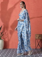 Blue & White Floral Satin Saree – Embellished Detail – Digital Print