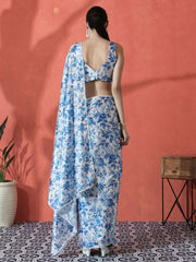Blue & White Floral Satin Saree – Embellished Detail – Digital Print