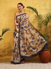 Beige & Black Floral Printed Silk Cotton Saree – Solid Border – Ready to Wear