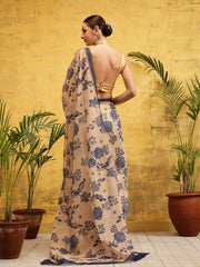 Beige & Black Floral Printed Silk Cotton Saree – Solid Border – Ready to Wear