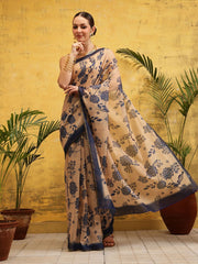 Beige & Black Floral Printed Silk Cotton Saree – Solid Border – Ready to Wear