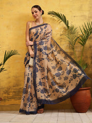 Beige & Black Floral Printed Silk Cotton Saree – Solid Border – Ready to Wear