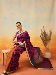 Purple & Blue Jamdani Cotton Saree – Zari Border – Abstract Woven Design
