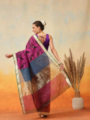 Purple & Blue Jamdani Cotton Saree – Zari Border – Abstract Woven Design
