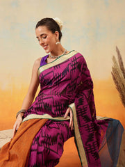 Purple & Blue Jamdani Cotton Saree – Zari Border – Abstract Woven Design