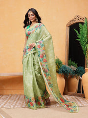 Olive Green & Pink Banarasi Silk Cotton Saree – Printed Border – Floral Print