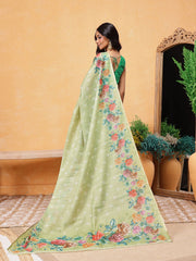 Olive Green & Pink Banarasi Silk Cotton Saree – Printed Border – Floral Print
