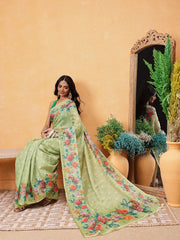 Olive Green & Pink Banarasi Silk Cotton Saree – Printed Border – Floral Print