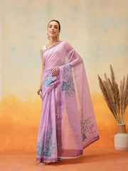 Purple Block Print Tissue Saree – No Border – Floral Zari Work