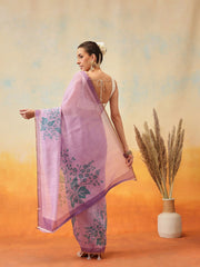 Purple Block Print Tissue Saree – No Border – Floral Zari Work