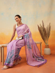 Purple Block Print Tissue Saree – No Border – Floral Zari Work