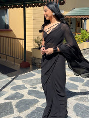 Black Ready to Wear Poly Georgette Saree – Solid – No Border